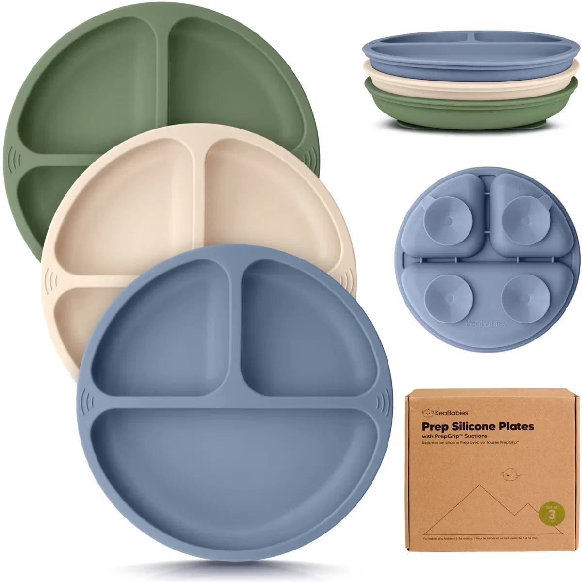 Тарелки детские с присосками 20 см силиконовые комплект из 3 штук Prep Suction Plates KeaBabies, Slate