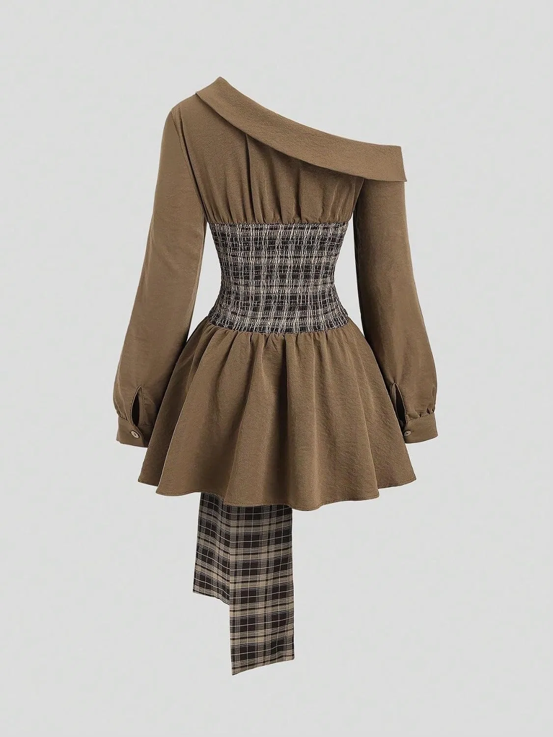 Женское летнее платье с асимметричным плечом A-line, Brown — фото 3