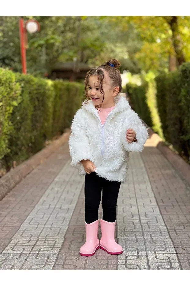 Детское пальто для девочек с капюшоном из меха Ares Kids Fashion, Beige — фото 4