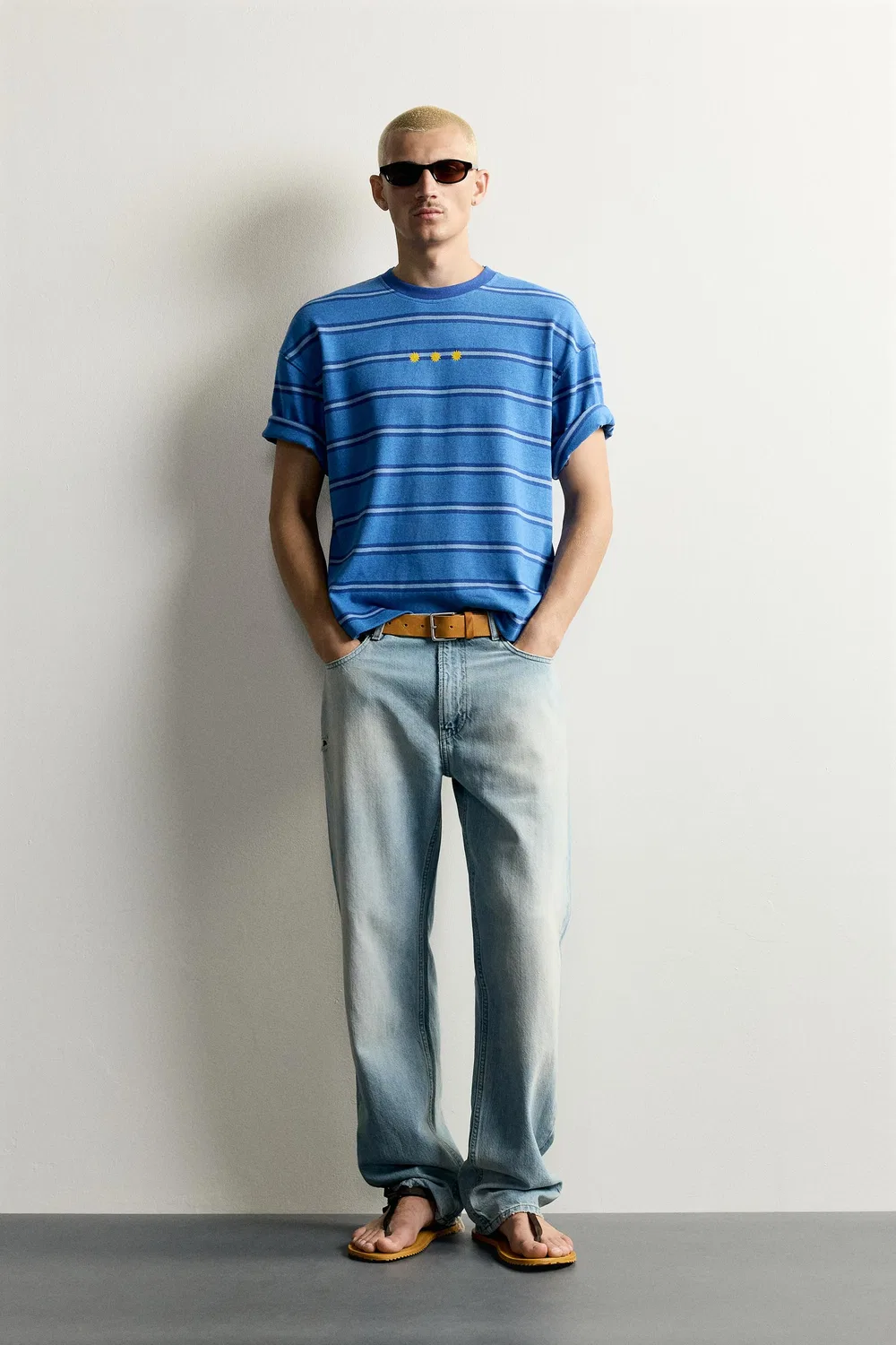 Футболка в полоску с жаккардовой вышивкой ZARA, Blue/Indigo