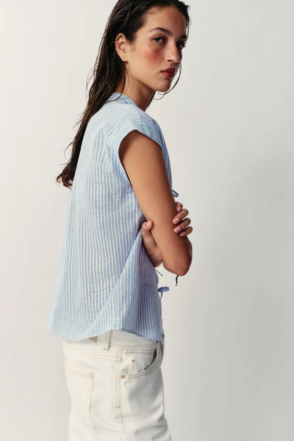 Блузка в полоску из металлизированной нити с бантиками. ZARA, Blue/White — фото 4