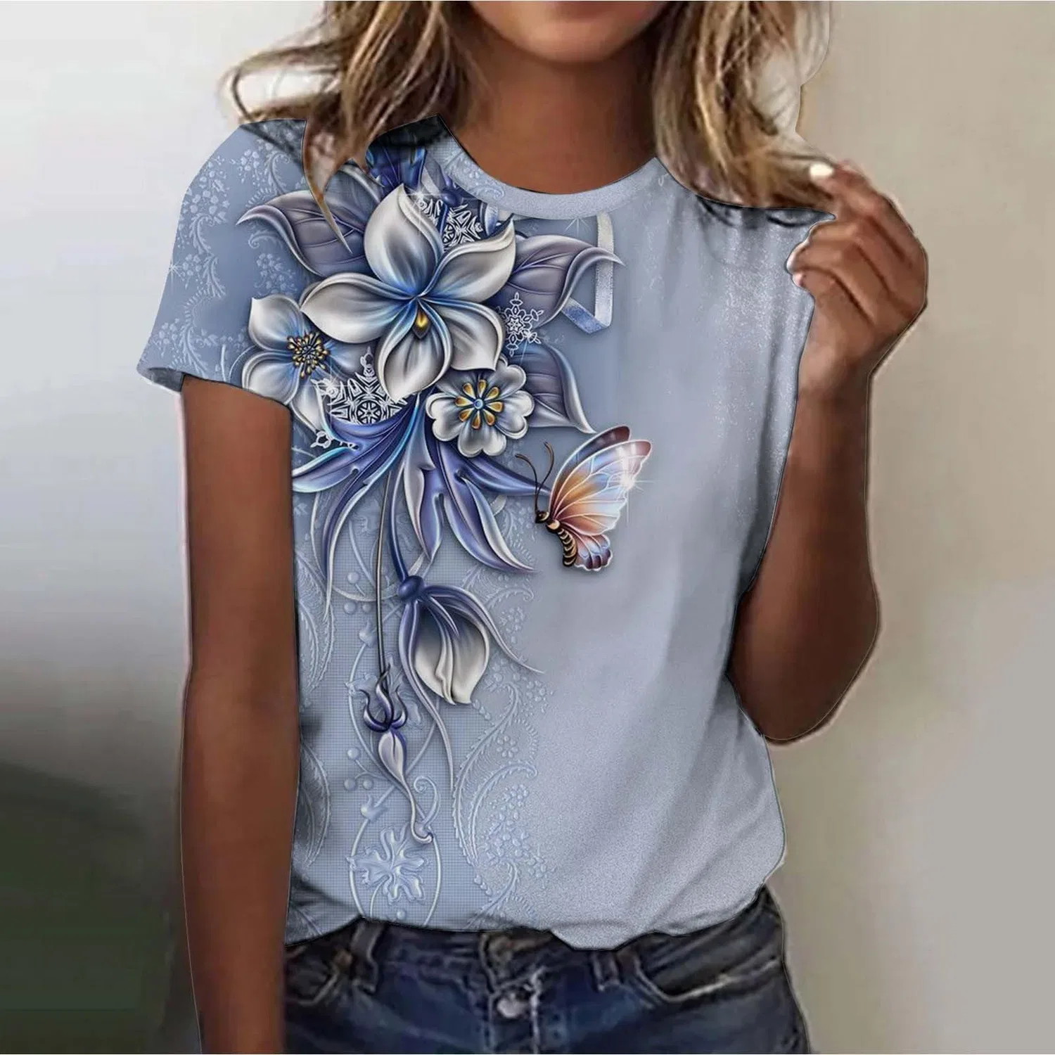 Женская майка с длинным рукавом Women's Fashion Leisure Long Cotton Pyjamas 3D Print Round Spring Summer Short Top, Blu-f — фото 2