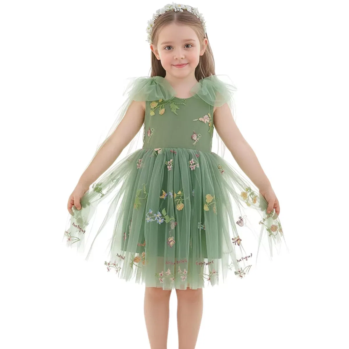 Детское платье для девочек с вышивкой 2Bunnies, Sage Green