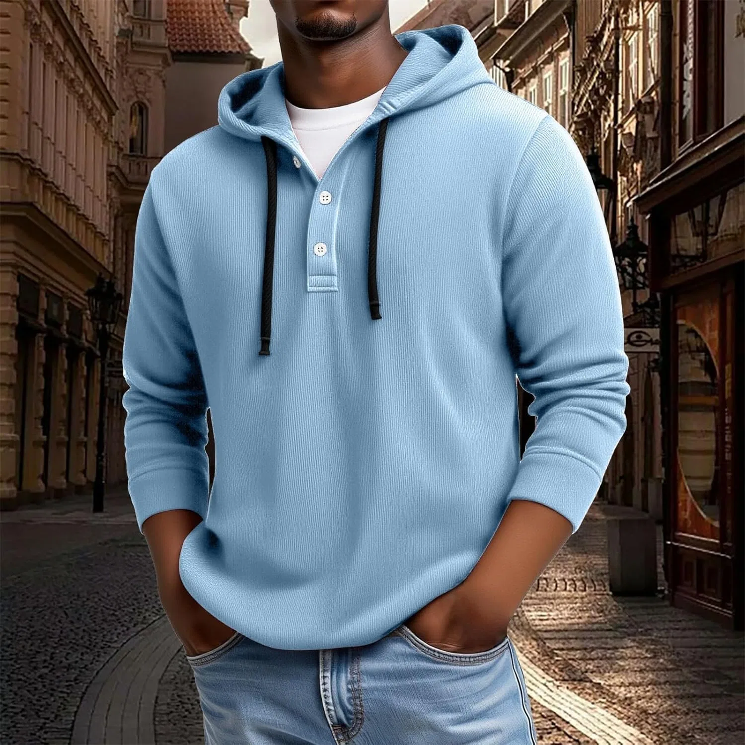 Свитшот мужской на пуговицах с капюшоном, Generic, Sky Blue — фото 3
