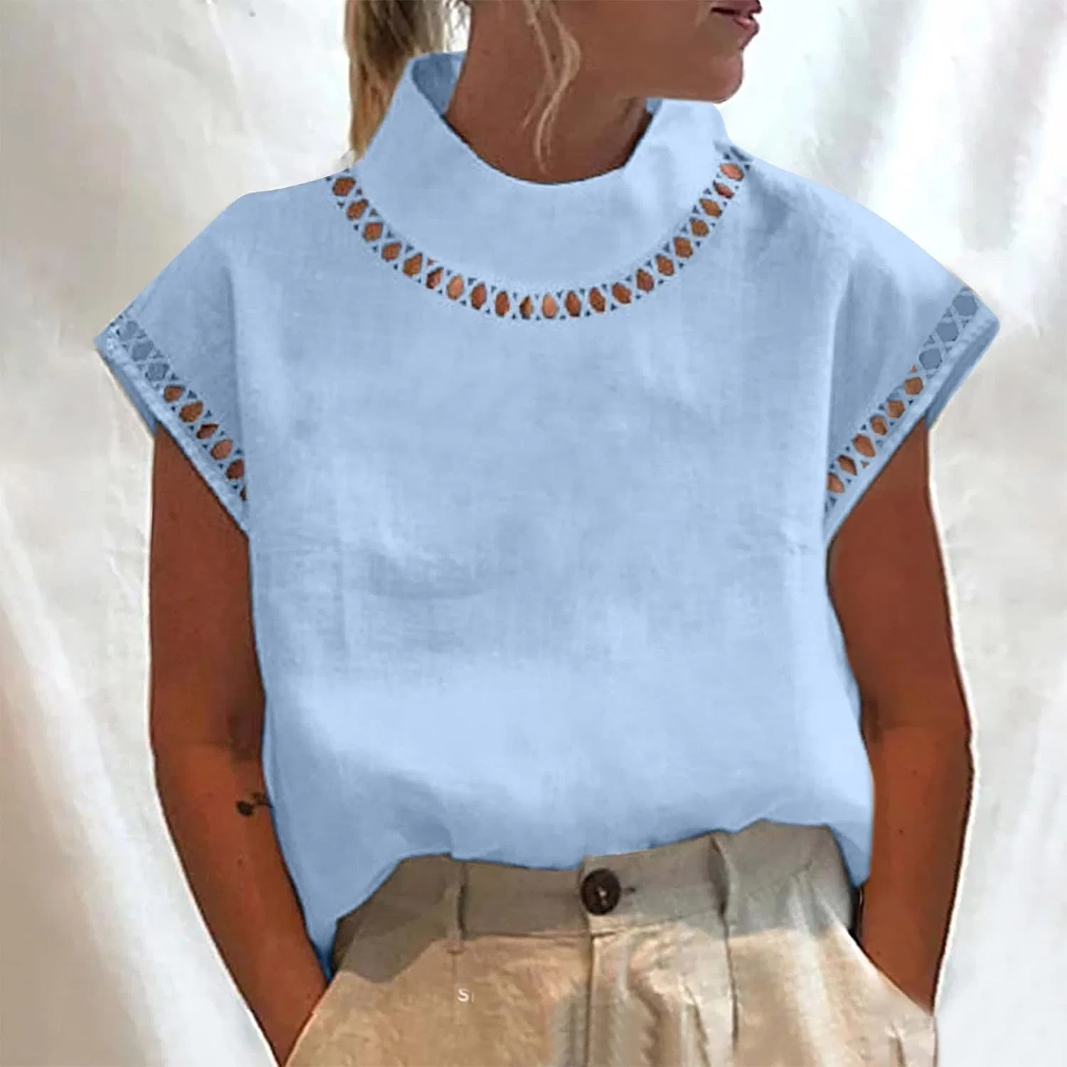 Топ женский с вырезами, кружевной, Cut and Sew, синий — фото 2