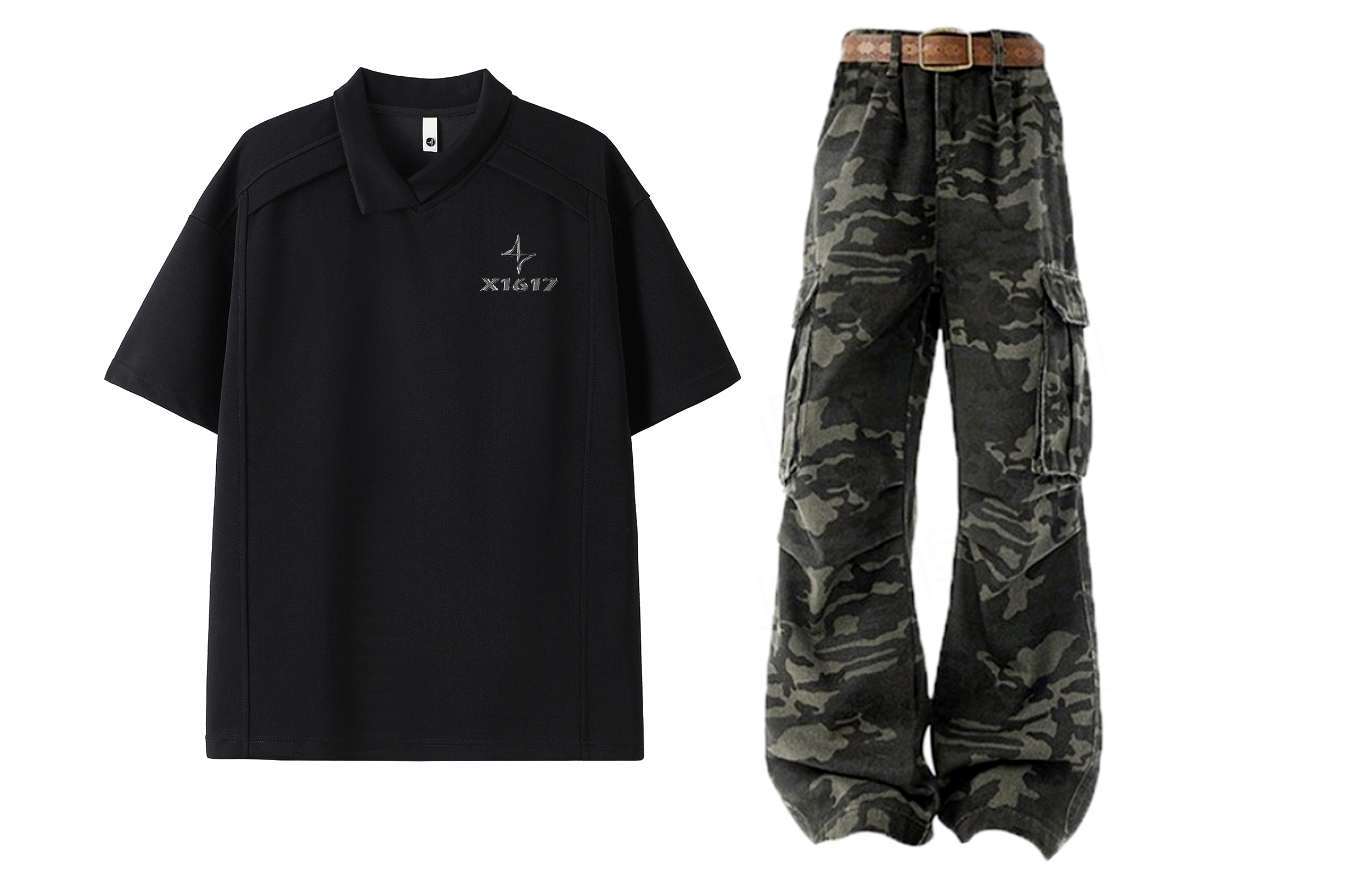 

Повседневная спортивная одежда Unisex с лацканом Lapel Moderate X1617, черный top+camouflage pants