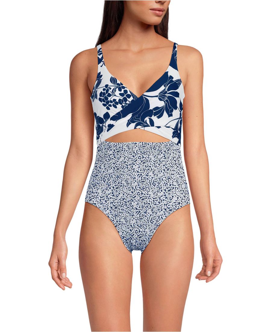 

Женский слитный купальник-монокини с длинным запахом и высоким вырезом для ног Lands' End, White/deep sea navy lilies mix