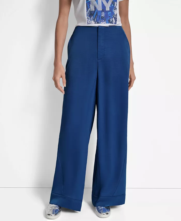 

Женские застеклённые брюки с высокой талией и прошитыми манжетами, широкие DKNY, синий