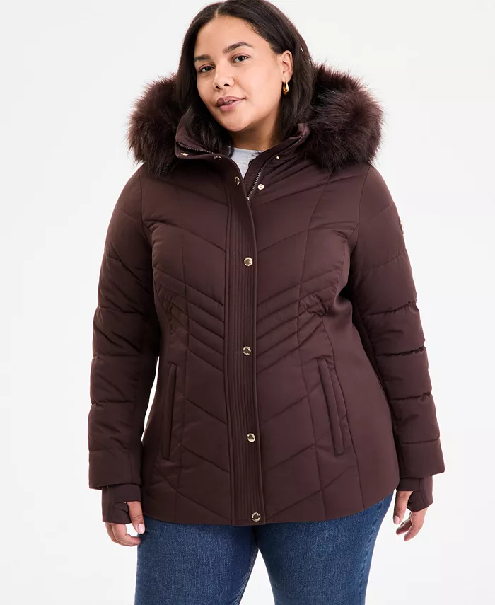 

Пальто с капюшоном и отделкой из искусственного меха Plus Size Michael Kors, коричневый