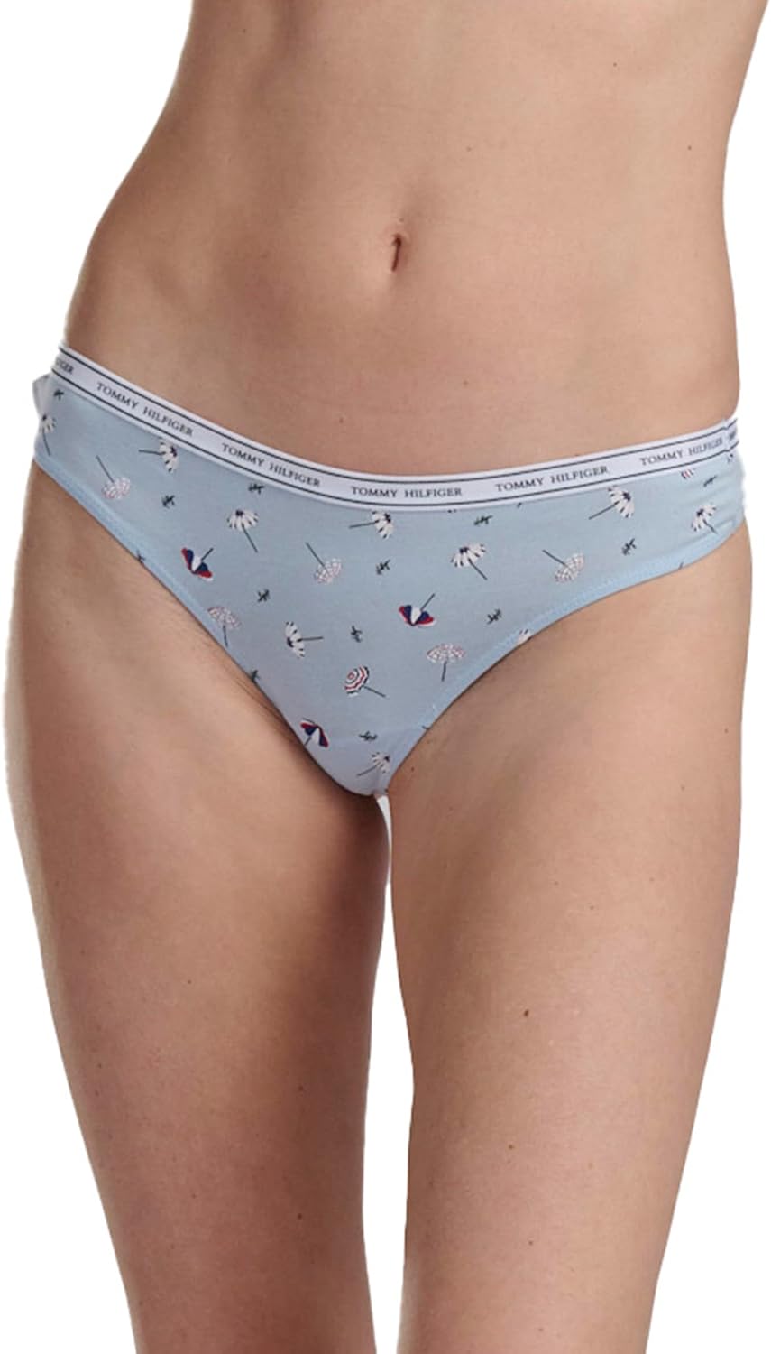 Женские классические хлопковые стринги Tommy Hilfiger с логотипом, 5 шт., Umbrellas Print/Bright White/Tango Red/Sky Captain/Sweet Blue Stripe — фото 3