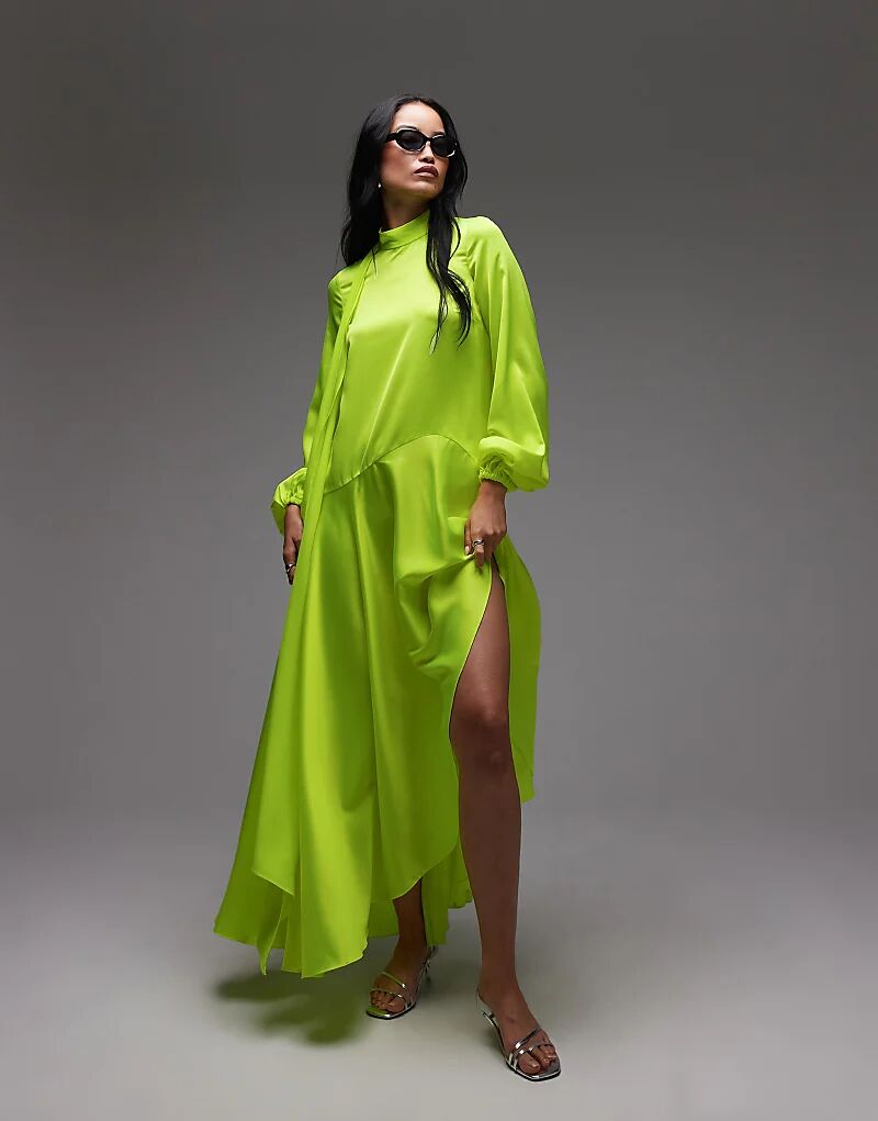 

Платье макси из атласа ASOS ARCHIVE с заниженной талией и шарфом цвета лайма