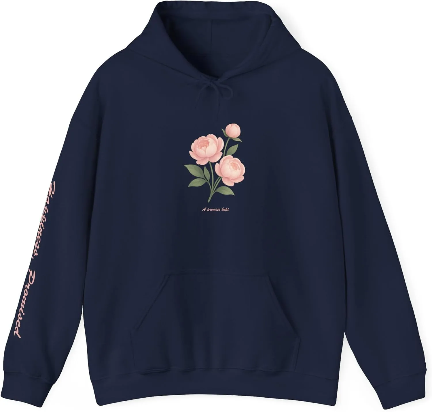 Худи Peony Promise - минималистичная толстовка с цветочным принтом и надписью «Обещание сдержано», элегантный растительный дизайн, романтический подарок GENERIC, темно-синий