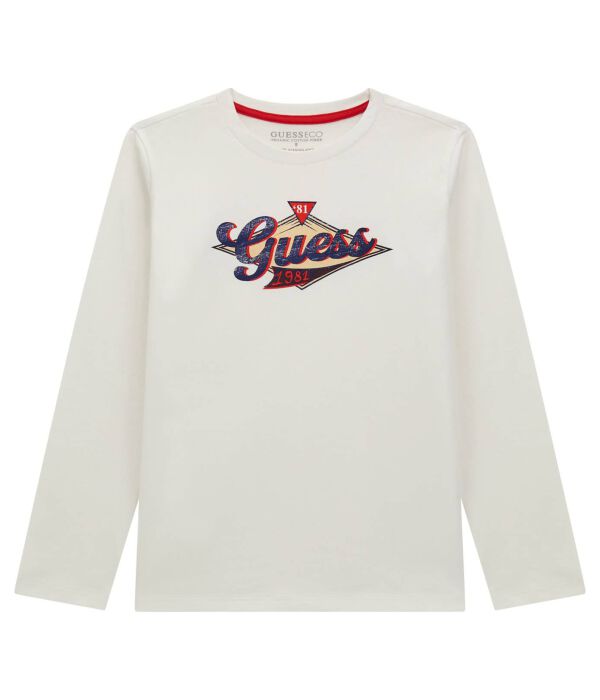 

Лонгслив детский Guess хлопковый с длинными рукавами, экрю