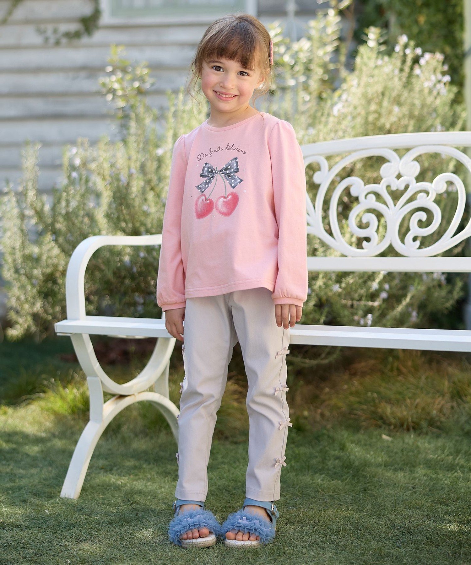 Футболка с длинными рукавами в девичьем стиле ANY KIDS, Pink (Ribbon x Cherry [012] — фото 2