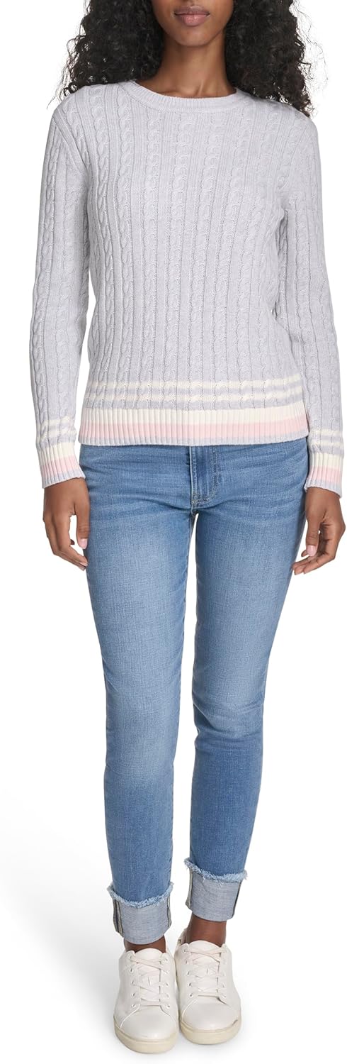 Женский хлопковый свитер Tommy Hilfiger с круглым вырезом и косами, Pearl Heather Grey Multi — фото 2