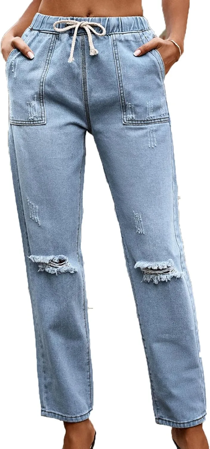 Женские джинсы Skinny с завязками на поясе, высокие, с прорезями на коленях