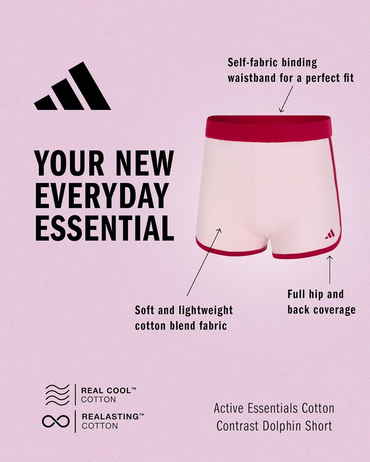 Шорты Active Essentials Cotton Dolphin, adidas, Clear Pink — фото 2