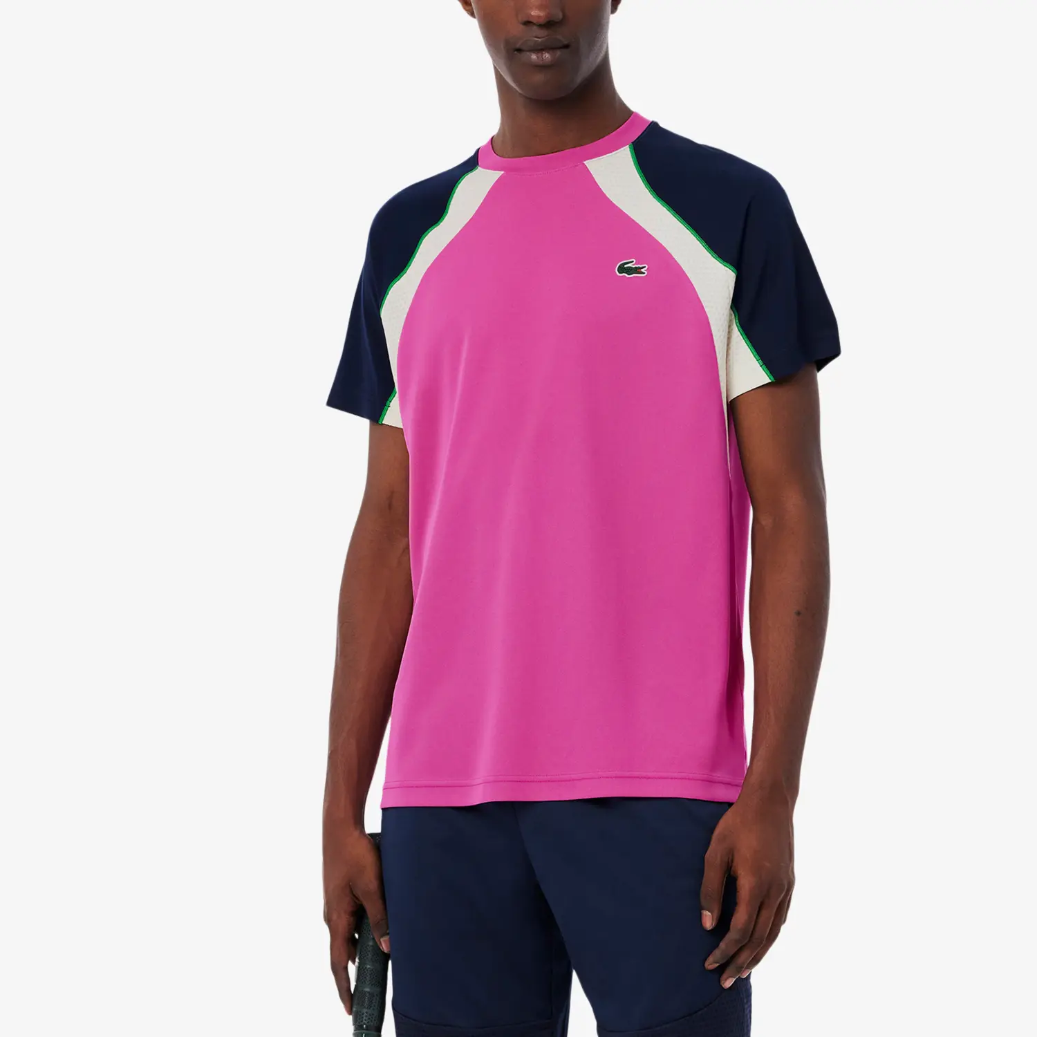 Футболка Lacoste, мужская, базовый летний стиль, розовый/морской синий/белый — фото 4