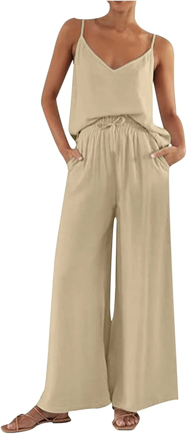 Женский костюм из топа и широких брюк, Beige