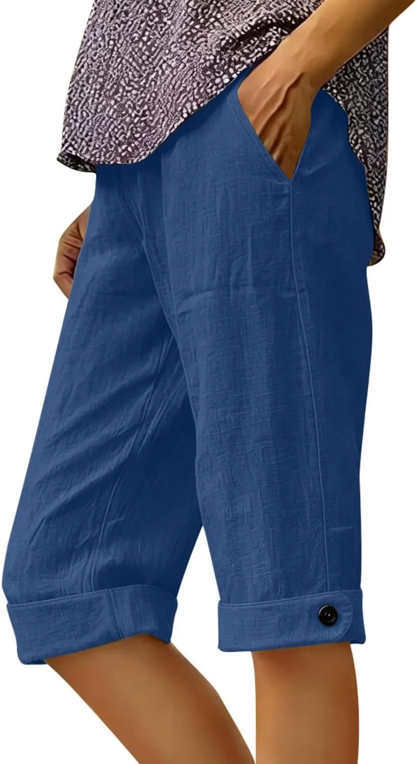 Шорты прямого кроя для женщин, длина до колена, Casual, Cotton Linen