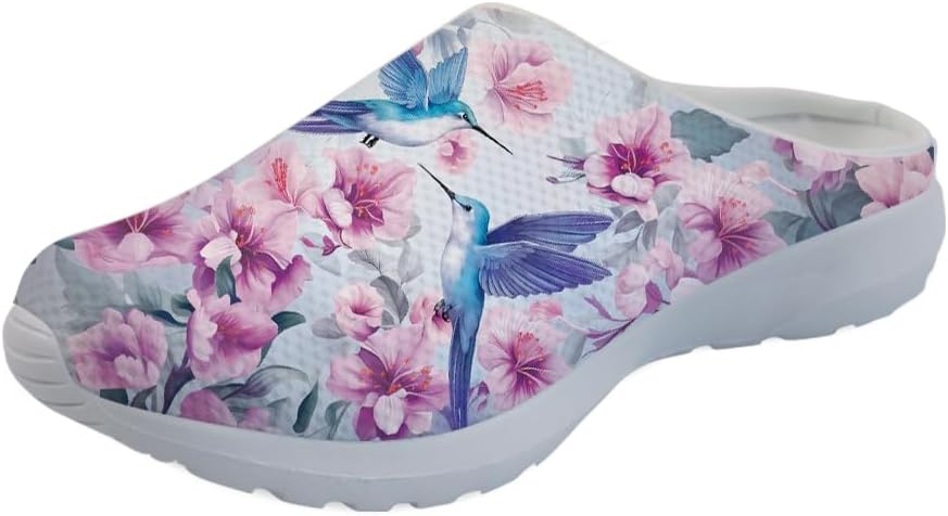 

Женские сабо-клоги Forchrinse Blue Palm Tree с сеткой, легкие для ходьбы, с мягкой поддержкой свода стопы, для работы, ухода за больными, Hummingbird Peony