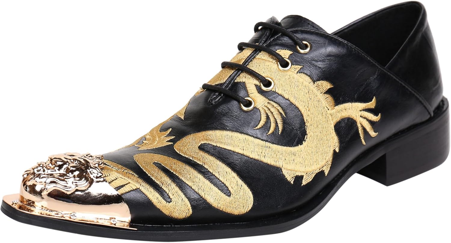 

Мужские кожаные туфли Santimon Mens Western с острым носком, шнуровкой, вышивкой модного дизайна и металлическим носком, оксфорды, черный