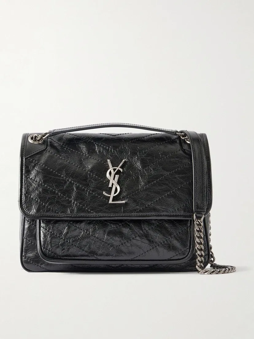 Niki medium crinkled glossed-leather shoulder bag SAINT LAURENT, черный