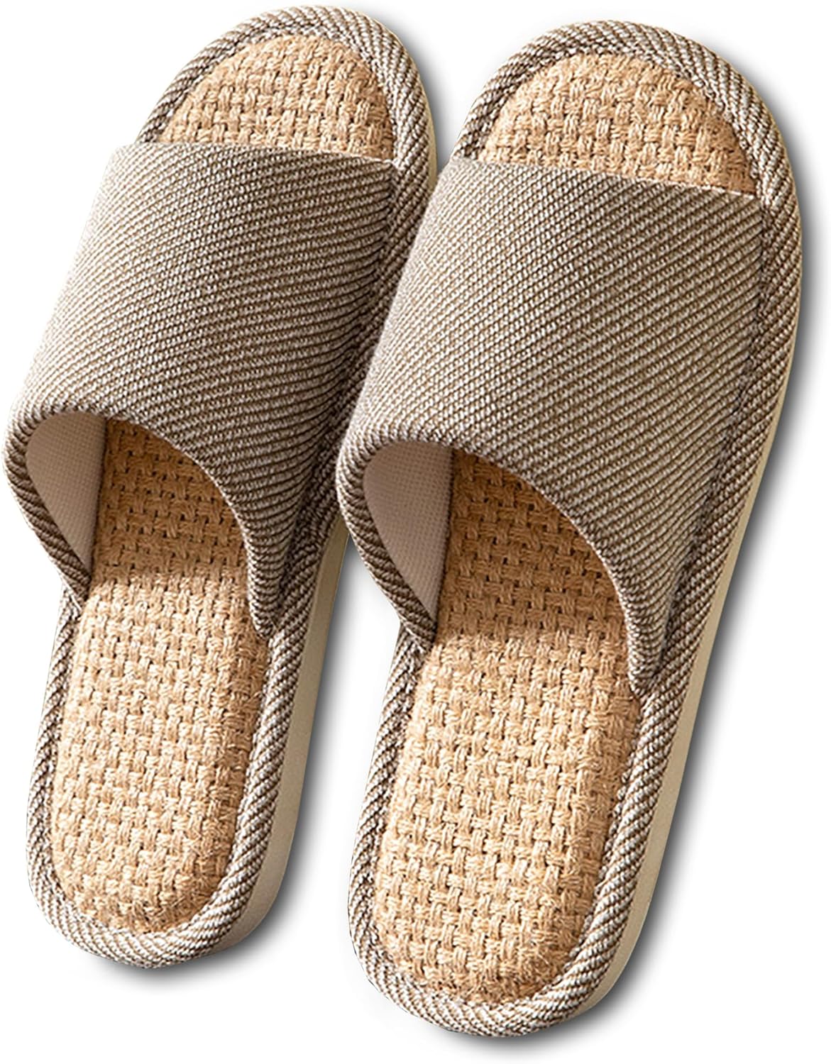 

Домашние тапочки EitCaton для женщин и мужчин, из ткани, для дома и улицы, с нескользящей подошвой из пеноматериала с эффектом памяти, открытым носком, мягкой подошвой, из льна, унисекс, моющиеся, из хлопка, Coffee