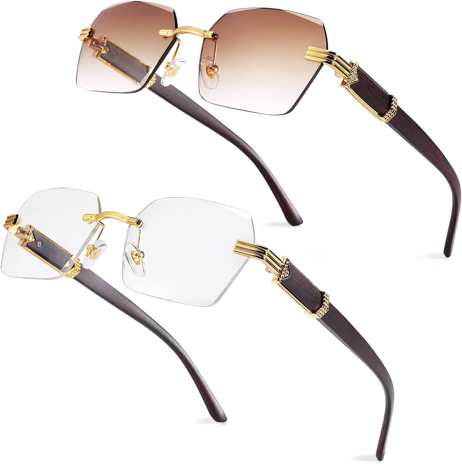 

Солнцезащитные очки Pro Acme без оправы, прямоугольной формы, для мужчин и женщин, шестиугольные солнцезащитные очки, безрамочные очки в стиле Y2K, B5 2 Pack (Clear + Brown Gradient)