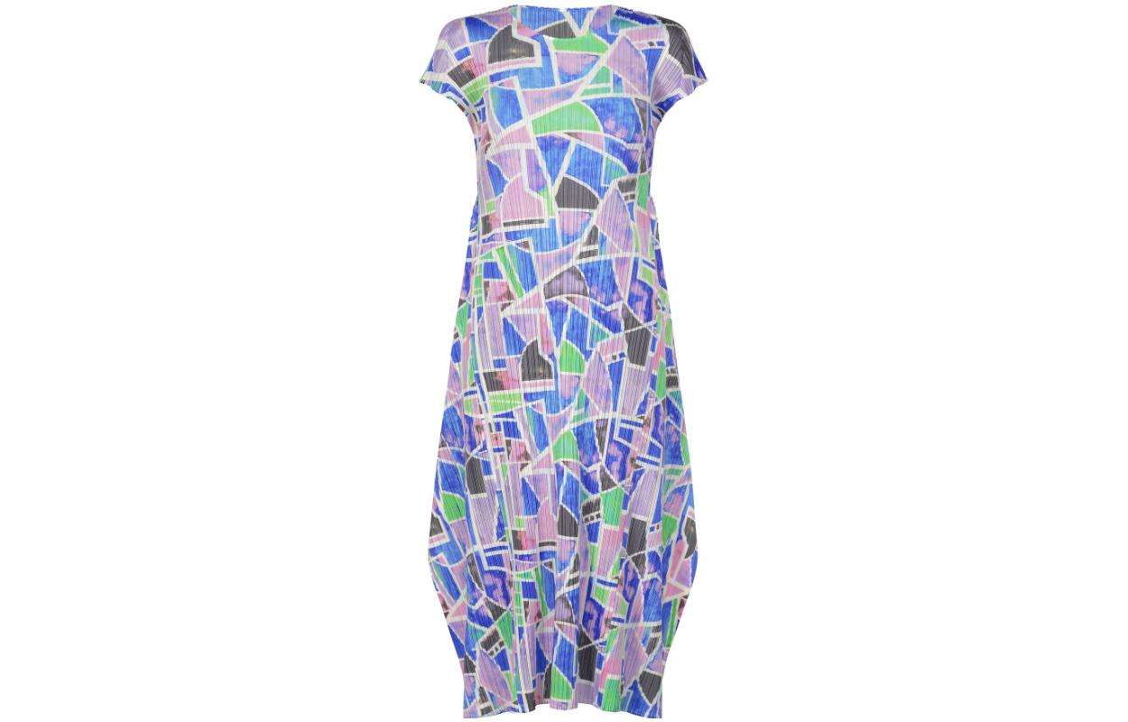 

PLEATS PLEASE ISSEY MIYAKE Женское платье с коротким рукавом и круглым вырезом в синем цвете