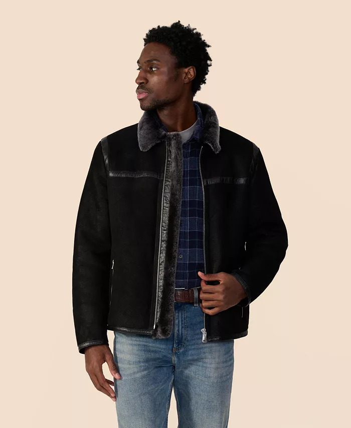 

Мужская кожаная куртка из овчины с отделкой, потертый черный с шерстью Brisa Wool Furniq Uk