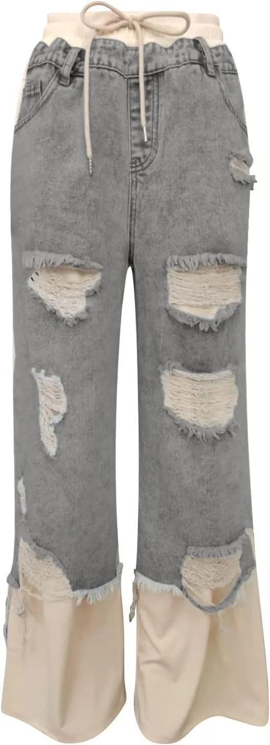 Женские рваные джинсы distressed high waisted baggy straight wide leg — фото 3