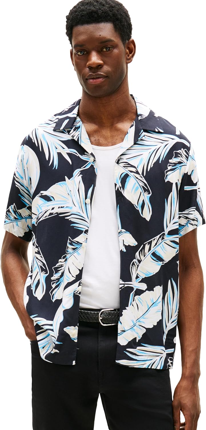 

Рубашки Tommy Hilfiger с коротким рукавом, легкие, стандартного кроя, мужские, повседневные, на пуговицах, летние, Black / Allover