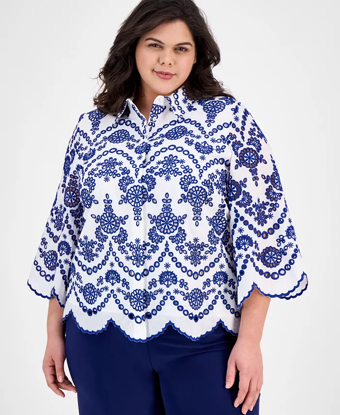 

Блузка из хлопка с вышивкой и ажурными вставками Plus Size Anne Klein, белый