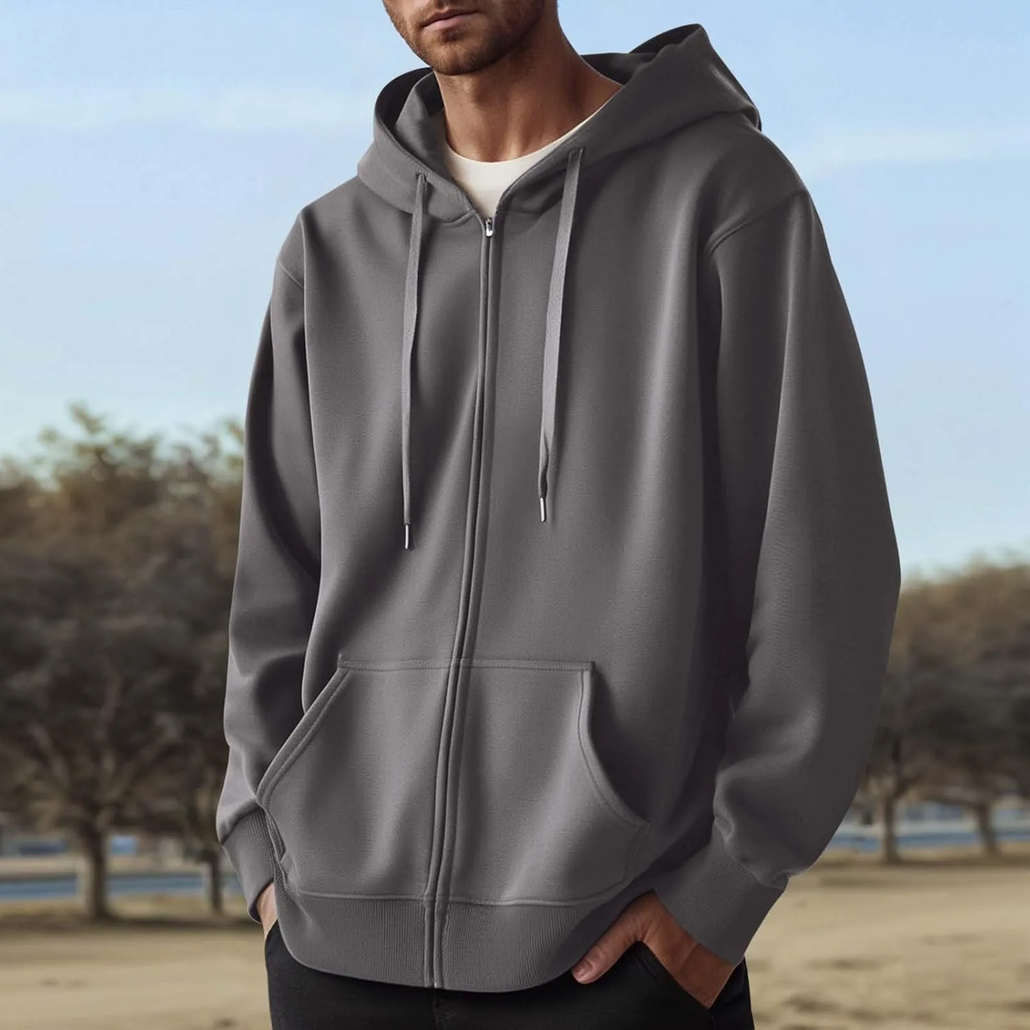 Толстовка с капюшоном Zip Up в стиле Anime для мужчин, модная, с длинными рукавами, повседневная, с капюшоном, для тренировок и колледжа, на флисовой подкладке, пуловер Generic, светло-серый — фото 2
