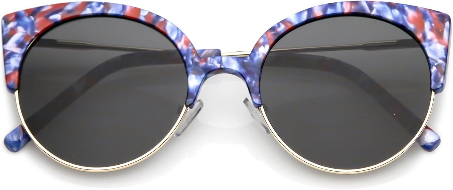 

zeroUV - Женские солнцезащитные очки в полуободковой оправе с ультратонкими дужками, круглыми плоскими линзами, в форме «кошачьего глаза», диаметр линз 53 мм, Blue Red Gold / Smoke