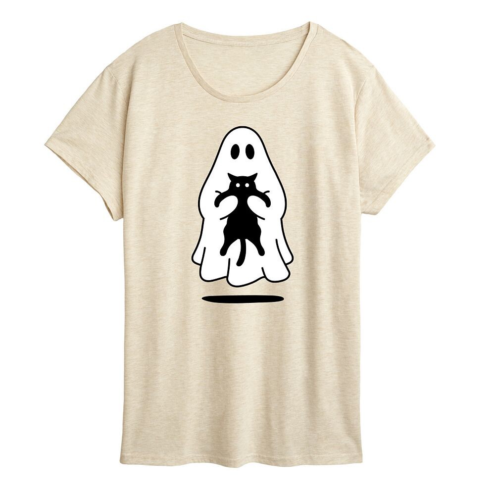 

Женская футболка с рисунком Ghost Holding Black Cat, бежевый