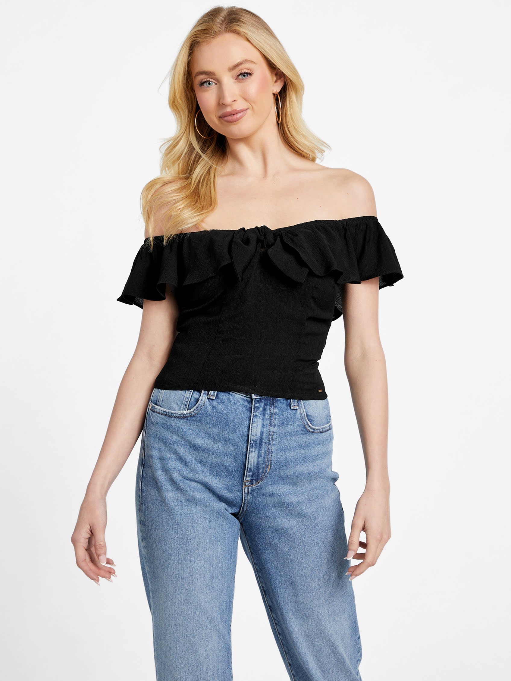 

Укороченный топ Juno с открытыми плечами Guess Factory, черный