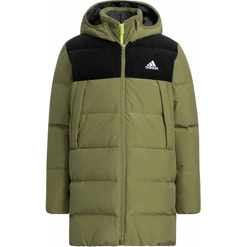 Adidas Детская пуховая куртка темно-оливкового цвета