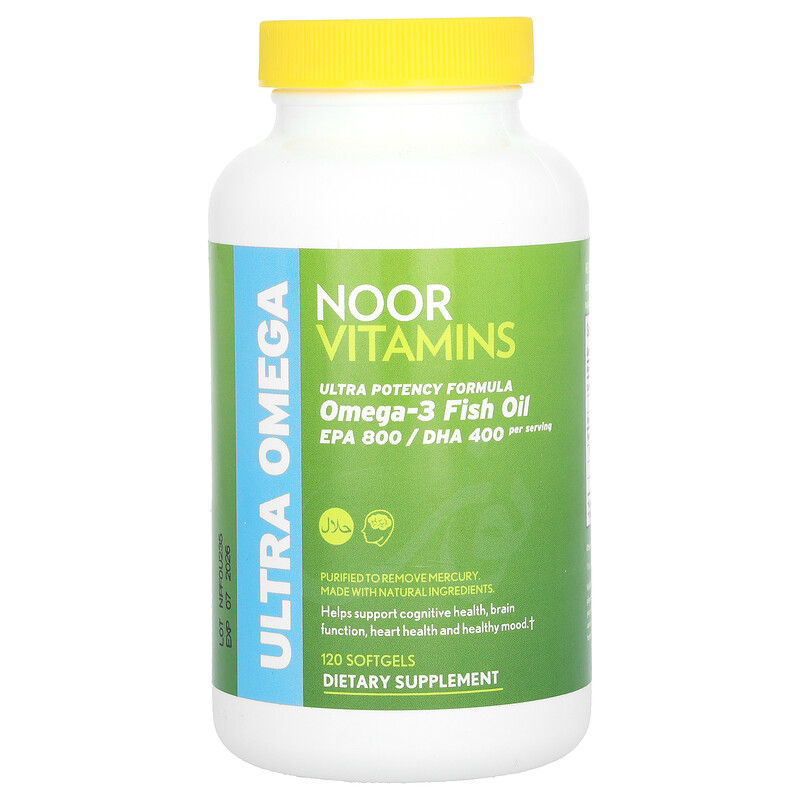 

Noor Vitamins, Ultra Omega, рыбий жир с омега-3, формула для повышения эффективности, 2000 мг, 120 мягких таблеток (500 мг в каждой капсуле)