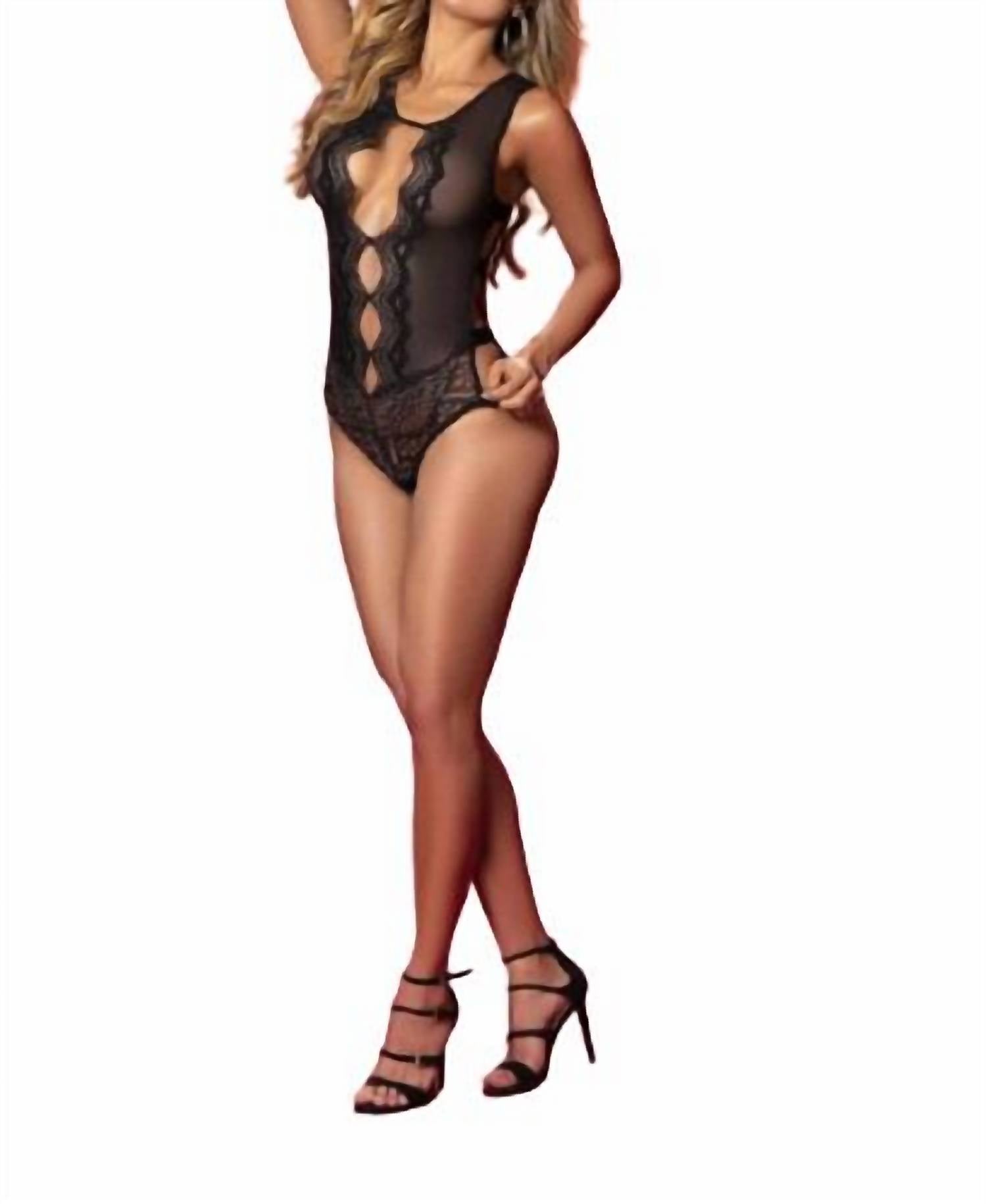 

Черный боди с кружевом и стразовыми зигзагами Mapale