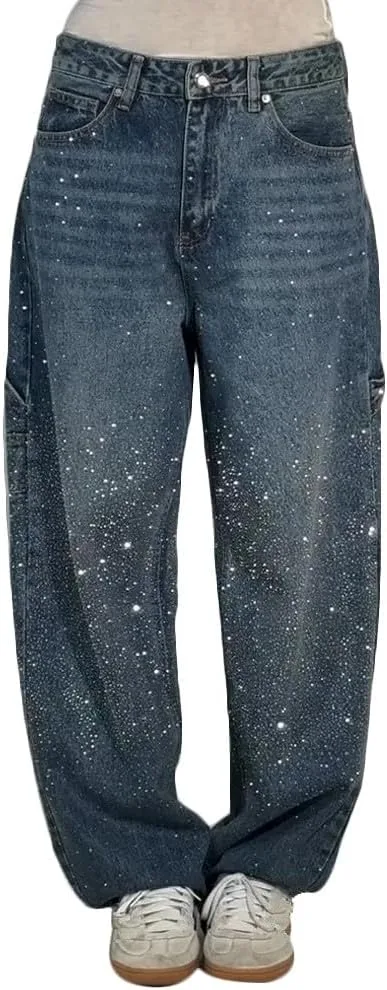 

Женские джинсы с пайетками, свободные, с высокой талией и широкими штанинами