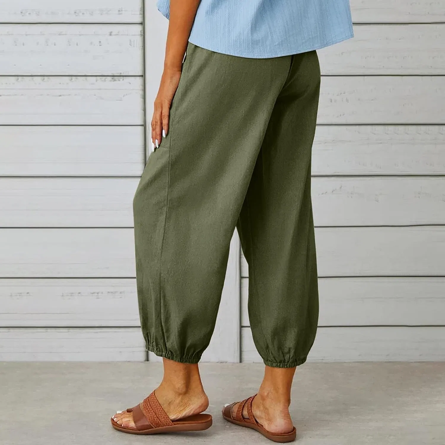 Женские широкие брюки с карманами, Cotton Linen, Army Green — фото 4