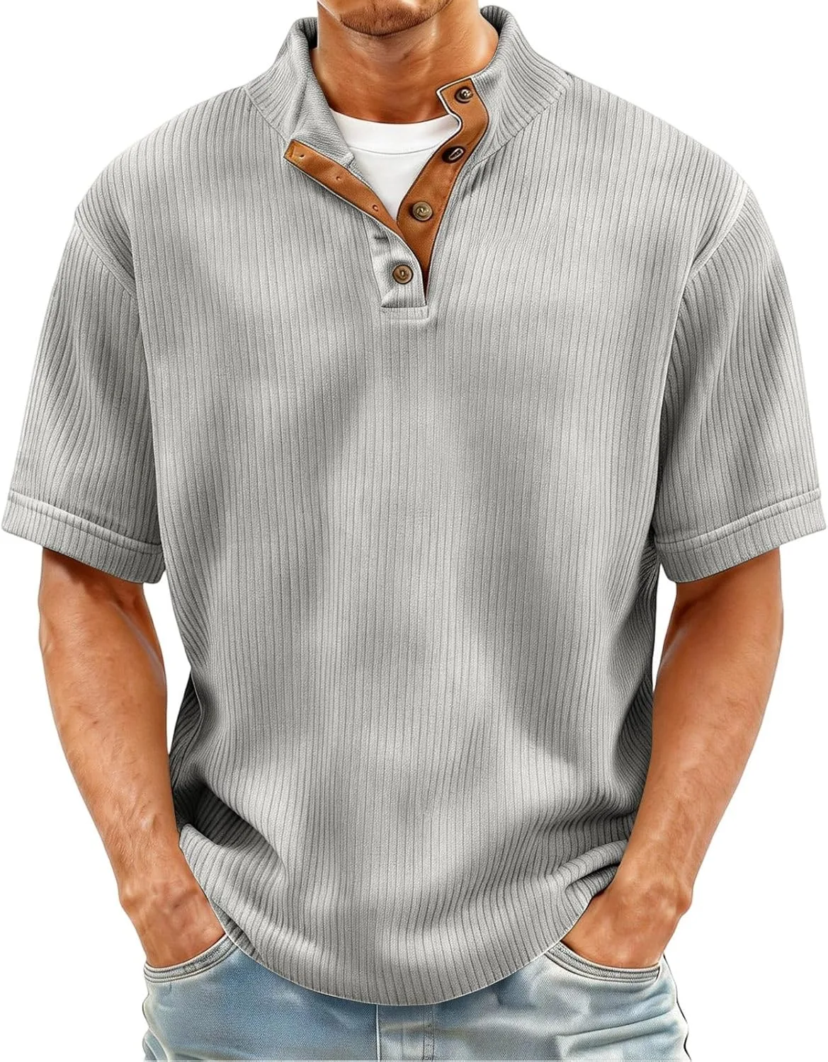 

Мужская хлопковая футболка с коротким рукавом и пуговицей OAZKXCN