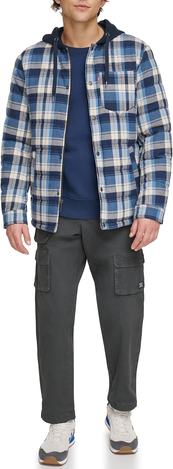 Мужская клетчатая куртка-рубашка Levi's с капюшоном и подкладкой из шерпы (стандартные размеры, большие и высокие), Navy/Blue Plaid — фото 2