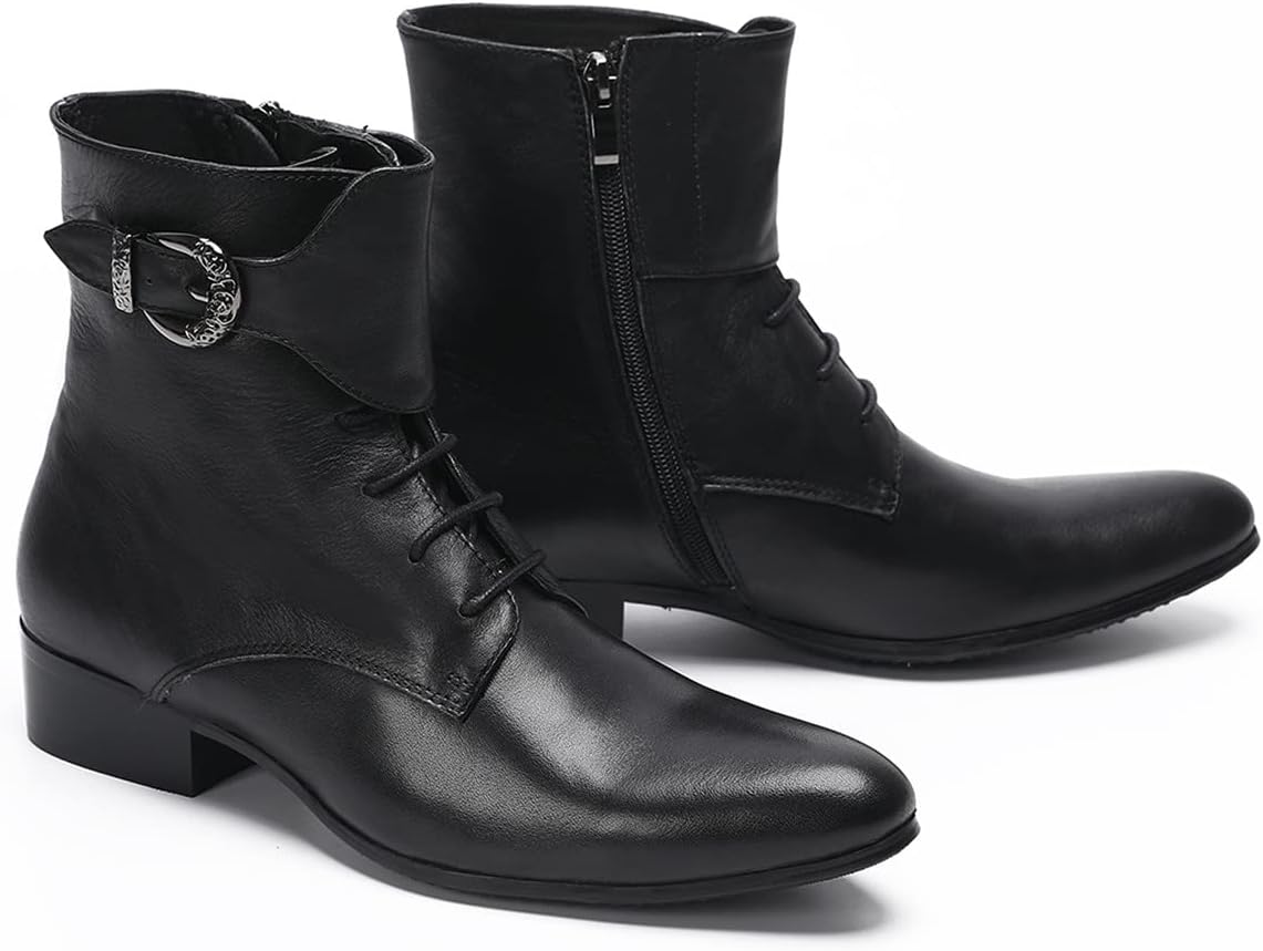 Мужские повседневные западные ботинки Santimon Mens Dress Chelsea - натуральная кожа, шнуровка, ботинки-ковбойки с молнией для вечеринки, работы и свадьбы, черный — фото 4