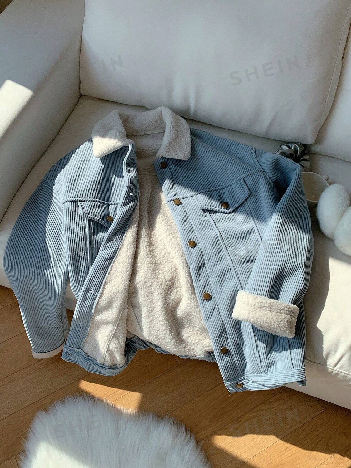 

EZwear Флисовая куртка Вельветовый узор, большой размер, на осень и зиму Shein, синий