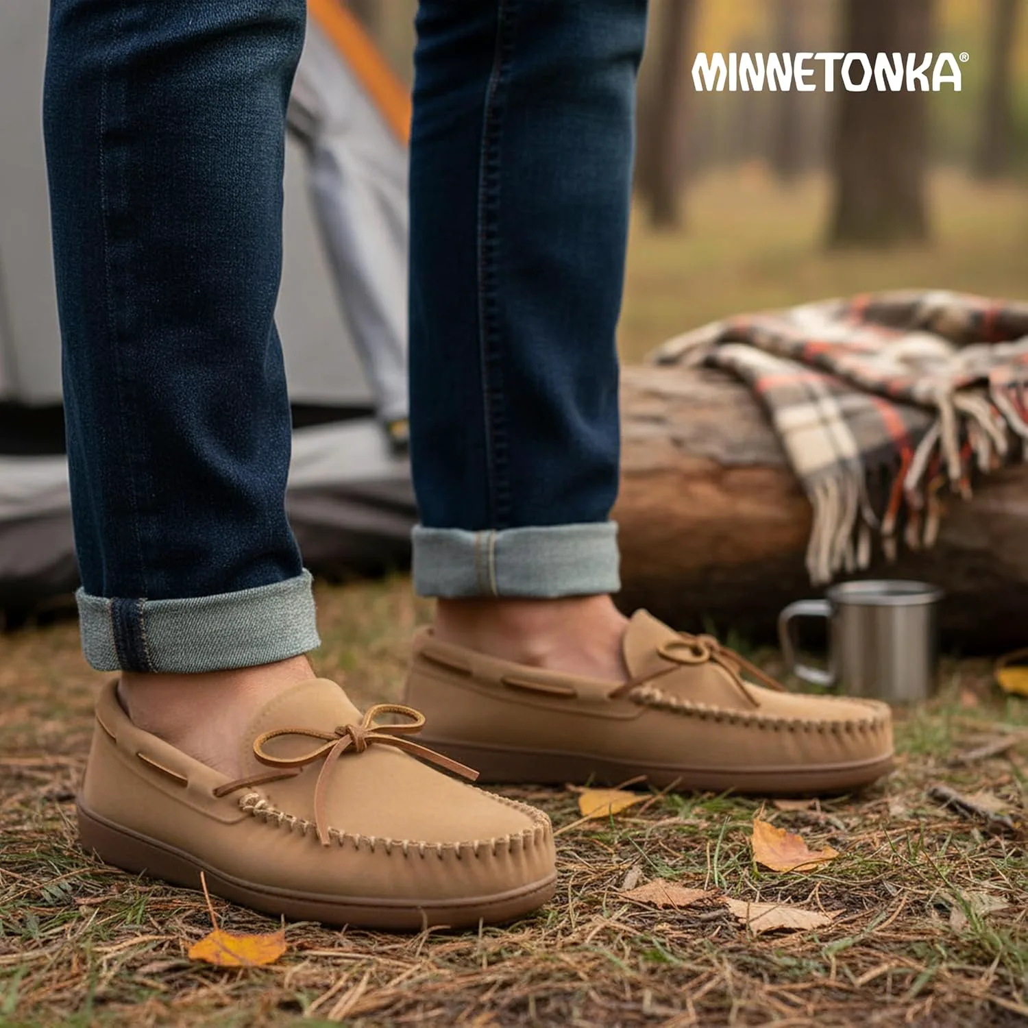 Мокасины Minnetonka для мужчин с твердой подошвой и флисовой подкладкой в клетку — фото 4