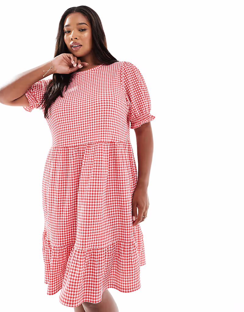 

Мини-платье New Look Curve в жатую клетку в красном цвете New Look Plus
