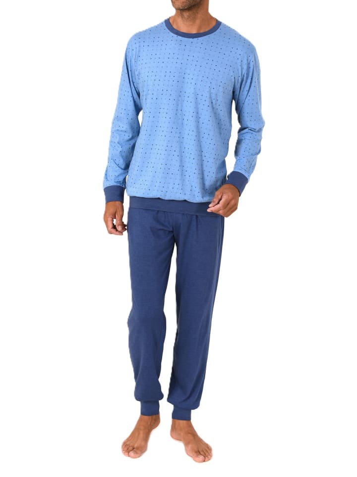 

NORMANN Пижамный комплект с длинными рукавами, манжетами и минималистичным принтом в сине-меланжевом цвете